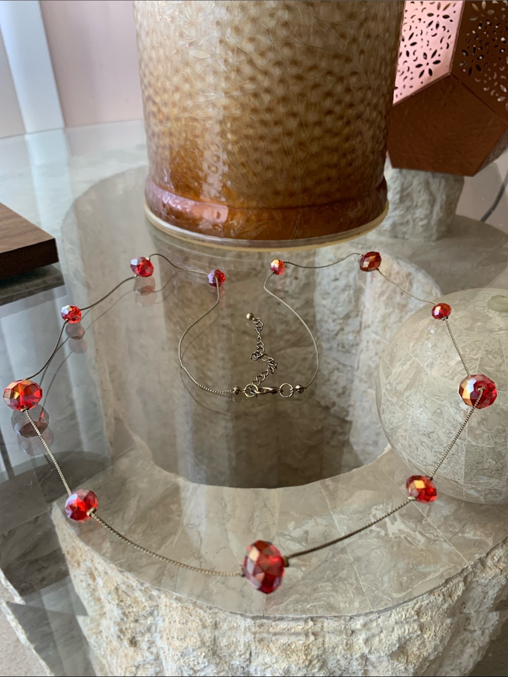 Red Bicone Crystal bead on Copper-tone Wire
